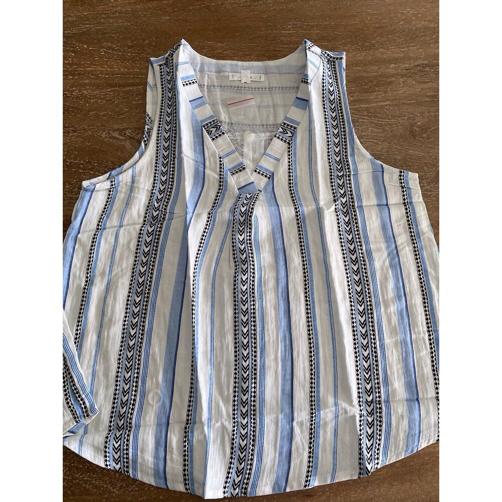 Mine Medium Blouse Aztec‎ Blue Striped Sleeveless V Neck Tank Button Back